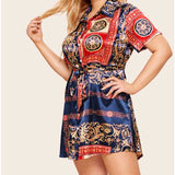 Women Plus Size Mini Dresses Printed Breasted Shirt Dress