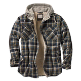 Mens Flannel Jacket with Hoodie Fleece-Lined Autumn and Winter Thickening Cotton-Padded Coat Plaid Long Sleeve Hooded Jacket