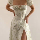 Women Summer Dresses Midi Dress Puff Sleeve Floral Tie-Neck High Slit Long Dress