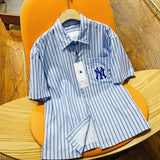 Yankees Spring/Summer Striped Casual Short Sleeve Lapel Shirt for Men