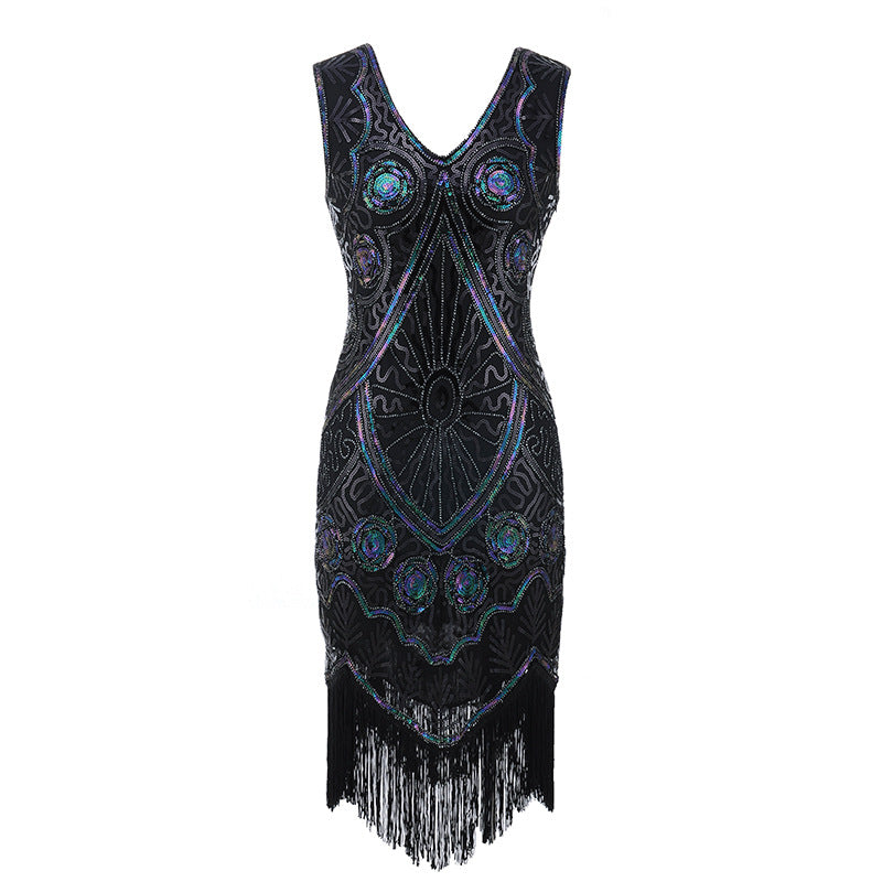 The Great Gatsby Dress Attire Vintage Dress Deep V Tassel Evening Party Dress