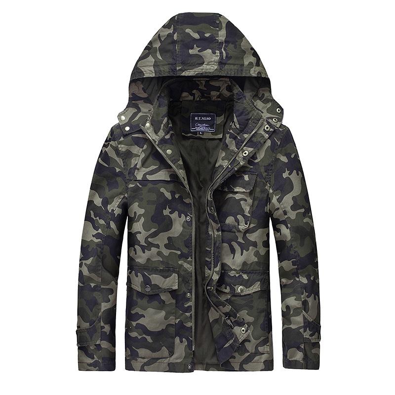 Men Fit Bomber Jacket Windbreaker Moto Street Coat Autumn Hooded Jacket Cotton Leisure Men's Jacket Outdoor Multi-Pocket Jacket