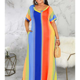 Women Plus Size Maxi Dresses Summer Color-Striped Printing Short Sleeve Dress
