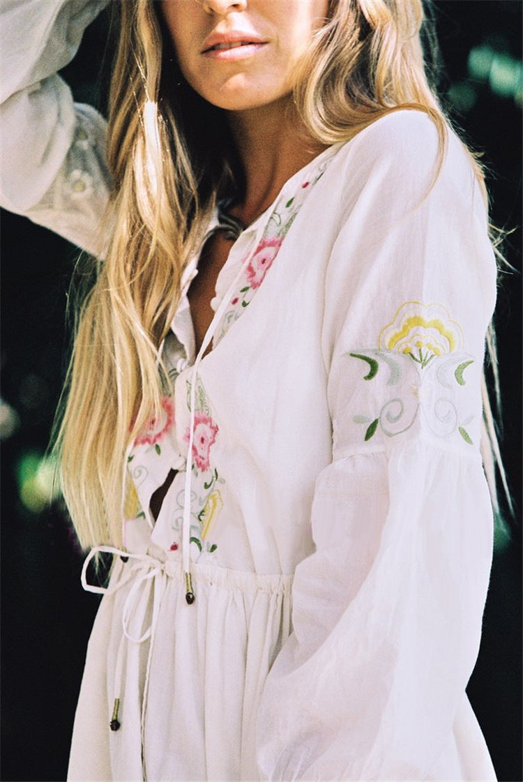 Women Dresses Bohemian Embroidered Flower Drawstring Waist Solid Color Vacation Style Dress
