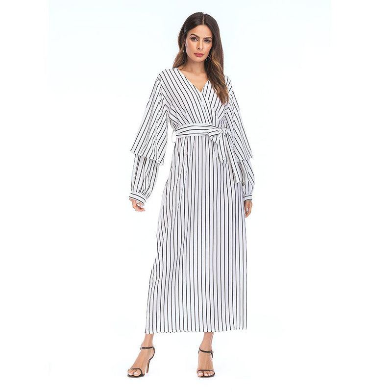 Muslim Women Stylish Kashibo Abaya Muslim Ladies Long Gown Islamic Clothing Jilbab Jalabiya Fashion Bowknot Loose Waist-Controlled Long Sleeves Dress