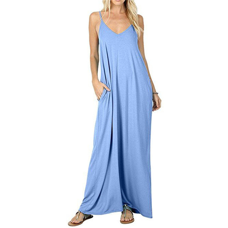 Work Dresses with Pockets Women's Solid Color Loose Pockets Long Dress Vest Dress Sexy Sling Dress