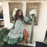 Beth Dutton Bohemian Dress Winter Autumn Midi Dresses Floral Print Slit Lantern Sleeve Long Large Hem Dress Beach Dress