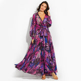 Nina Parker Dresses Lantern Sleeve Green Leaves Printed Dress Thickened