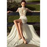 Women Lace Wedding Dress Summer Women's Dress Sexy Lace Long Sleeve See-through Dress