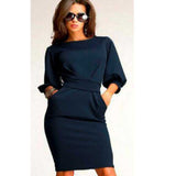 Women Plus Size Midi Dresses Round Neck Simple Solid Color Three-Quarter Length Sleeve Belt Sheath Knee-Length Dress