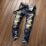 J Shaped Jeans Retro Fashion Slim Fit Straight Ripped Scratch Trendy Fashion Men