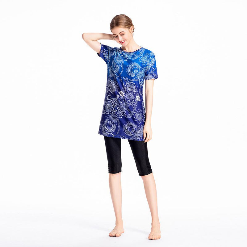 Burkini Muslim Swimwear Printed Short-Sleeved Swimsuit Conservative Cropped Swimsuit