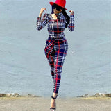 Women Plaid Catsuit Women Checkered Jumpsuit Fashion Sexy Slim Casual Plaid Long Sleeve Jumpsuit