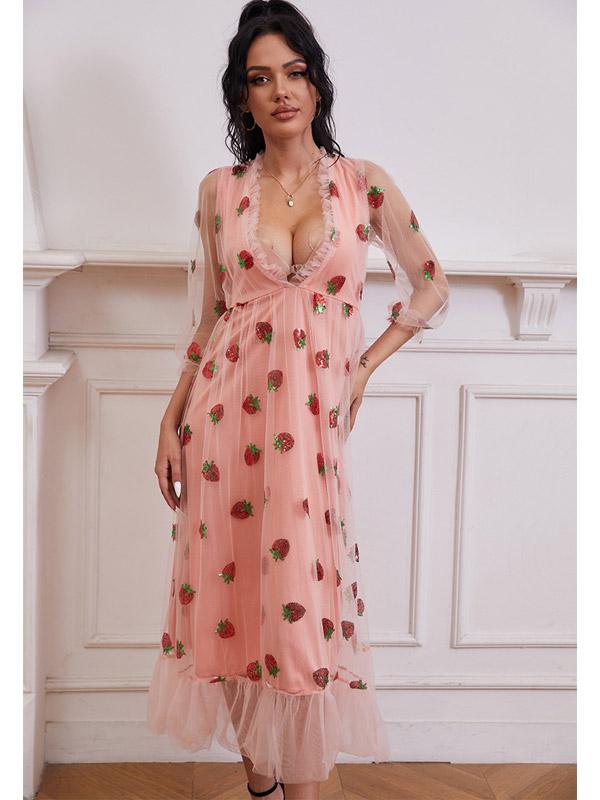 Pink Long Sleeve Strawberry Dress Cottagecore Aesthetic Fairycore Dress Princess Gown Midi Dress Prom Dress