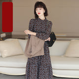 Work Dresses for Teachers Autumn Vintage Dress Loose Slimming and Velvet Padded Floral Dress