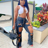 Women Distressed Denim Jeans Ripped Jean Gray Broken Hole Tassel Jeans Straight-Leg Pants for Women