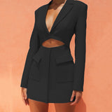 Women Autumn Dresses Midi Dress Sexy Fashion Hollow Deep V Long Sleeve Short Skirt Lapel Dress Summer