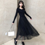Work Dresses for Teachers Spring and Autumn Slim Fit Long Sleeve Mesh Patchwork Knitting Long Dress