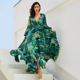 Nina Parker Dresses Lantern Sleeve Green Leaves Printed Dress Thickened