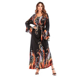 Muslim Women Stylish Kashibo Abaya Muslim Ladies Long Gown Islamic Clothing Jilbab Jalabiya Printed Round Neck Bead Dress