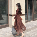 Work Dresses for Teachers Spring and Autumn Slim Fit Long Sleeve Mesh Patchwork Knitting Long Dress