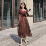 Work Dresses for Teachers Spring and Autumn Slim Fit Long Sleeve Mesh Patchwork Knitting Long Dress
