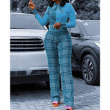 Women Plaid Catsuit Women Checkered Jumpsuit Spring and Autumn Fashion Digital Printing Plaid Stitching Jumpsuit