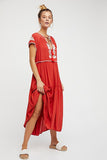 Women Dresses Bohemian Embroidered V-neck Lace-up Dress Long Dress