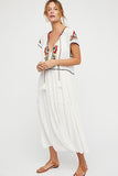 Women Dresses Bohemian Embroidered V-neck Lace-up Dress Long Dress