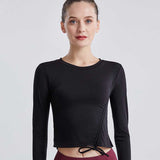 Moisture Wicking Shirts Fall/Winter Yoga Wear Female Bow Drawstring Tight Long Sleeve Quick-Drying Sports Fitness Top