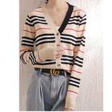 Knitted Cardigan Striped Coat V-neck Sweater
