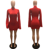 Dakota Johnson Red Mini Dress Turtleneck Slit Flare Sleeve