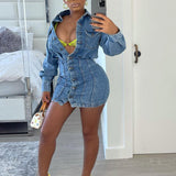 Women Denim Dresses Stretch Slim Dress Mid-Length Denim Jacket