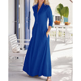 Work Dresses with Pockets Long Sleeve Solid Color Pocket Midi Dress