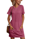 Work Dresses with Pockets Summer round Neck Solid Color Short Sleeve Casual Loose-Fitting T-shirt Dress