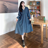 Work Dresses for Teachers Retro V-neck Corduroy Dress Women's Autumn and Winter plus Size Skirt