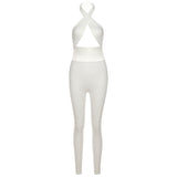 Summer women's sexy backless halter solid color high waist tight casual sports jumpsuit