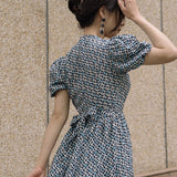 Women cottagecore Dress Summer Retro Square Collar Puff Sleeve Floral Temperament