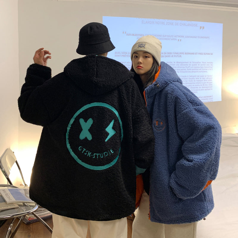Men's Autumn Winter Coat Embroidered Contrast Color Couple Cotton-Padded Clothes
