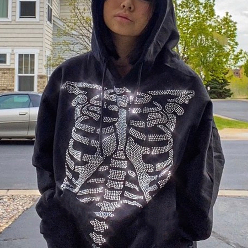 Skeleton Hoodie Sternum Hot Drilling Fashion Loose Long Hoodie