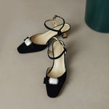 Nude Wide Fit Block Heels Genuine Leather Retro Bow Sandals