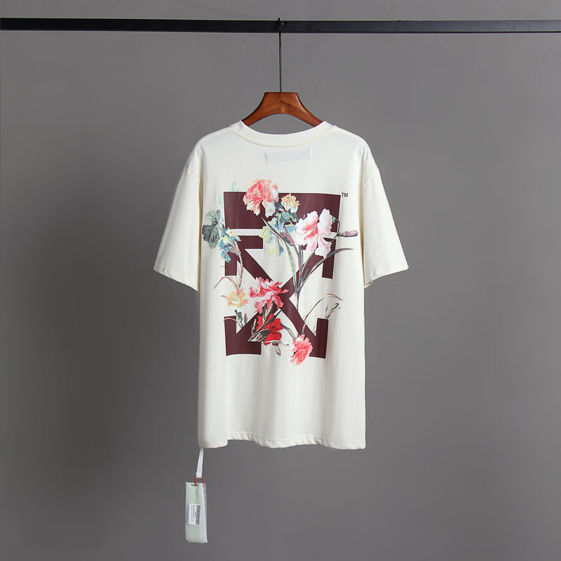 off Ow White T Shitrs Flower Series round Neck Pullover Short Sleeve