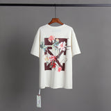 off Ow White T Shitrs Flower Series round Neck Pullover Short Sleeve