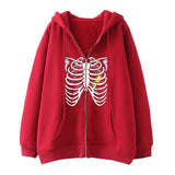 Skeleton Hoodie Winter Fleece Women's Long Sleeve Hoodie Heart-Shaped Clothes Printed Zipper