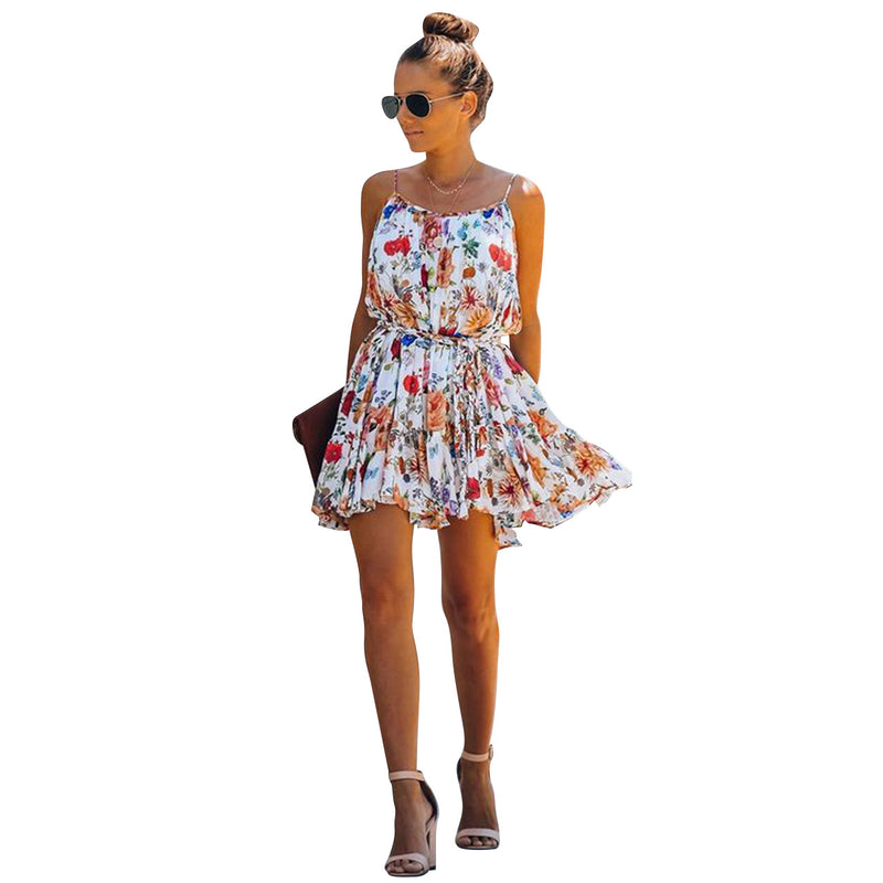Spring and Summer Chiffon Printed Large Swing Strap Lace-up Temperament Commute Dress