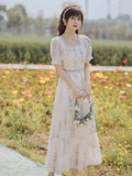 Women cottagecore Dress Summer Vintage Skirt Square Collar Floral Dress Mid-Length Skirt