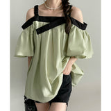 Kim Kardashian Marilyn Monroe Dress Summer off-Shoulder Solid Color French Loose Short Sleeve Shirt