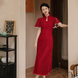 Women cottagecore Dress Bride Summer Red Marriage Engagement Female Lace