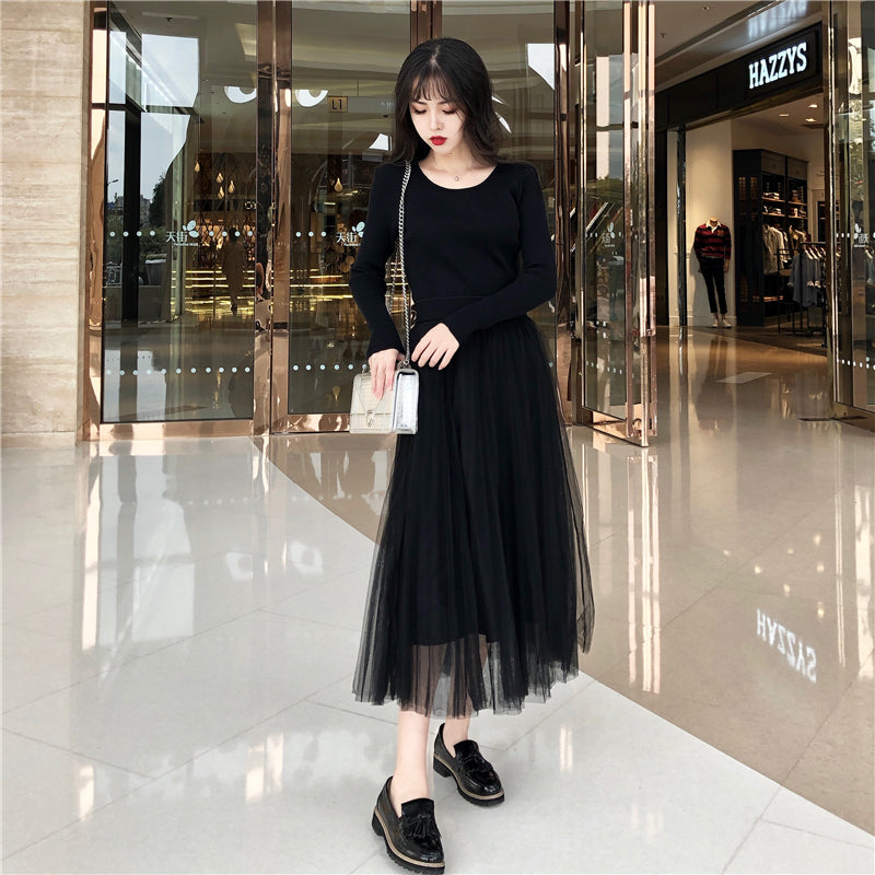 Work Dresses for Teachers Spring and Autumn Slim Fit Long Sleeve Mesh Patchwork Knitting Long Dress