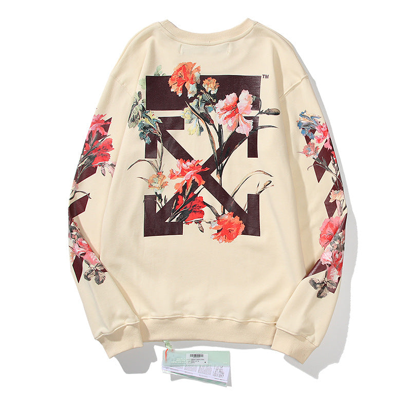 Off White Long Sleeve Round Neck Sweater Flower Arrow Pattern Crew Neck Pullover Sweatshirt Men And Women
